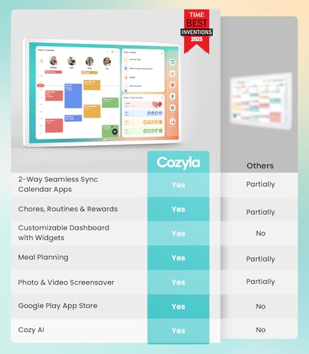 Image of Cozyla Digital Calendar+ 2: 32 inch Wall Planner Touch Screen Chore Chart Customize Dashboard Smart Electronic Calendar for Family Schedules Meal Planner Support Any Google Play App Wall Mount White