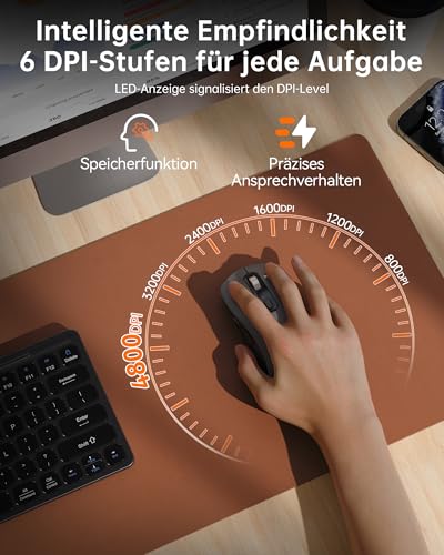 TECKNET Bluetooth Maus, Maus Kabellos (BT 5.0/3.0 + 2.4G), 4-Wege-Scrollrad Leise Funkmaus mit USB-A Empfänger, 4800 DPI Kabellose Mäuse, Ergonomische Computer Mouse für Laptop/PC/Mac/Tablet, Grau 3