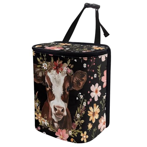 Image of Talayituse Cow Flower Print Car Trash Can, Portable Auto Garbage Bin Multifunctional Vehicle Interior Accessories with Adjustable Straps Universal Fit Truck SUV Sedan
