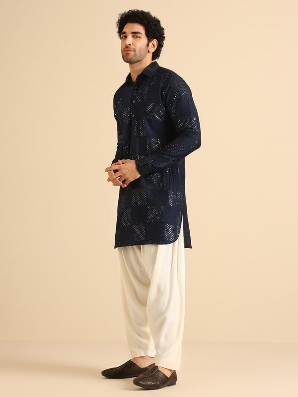 Kisah Men's Kurta, Navy Blue Cotton Blend, Embellished Regular Fit Mandarin Collar Long Sleeves (42)