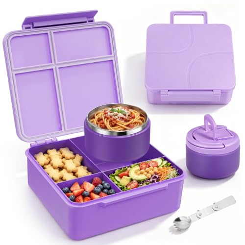 Image of MAXSO Bento Lunch Box Set for Kids with 8 oz Soup Thermo, Leakproof Hot Food Container with 4 Compartments, Insulated Food Jar for Toddler Daycare Boys Girls School - Purple