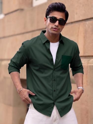 Image of Men's Brown Solid Full Sleeve Casual Shirt with Chest Pocket