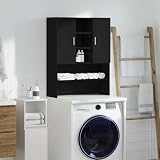 GeenYuu Mobile per lavatrice nero effetto rovere, 70,5 x 25,5 x 90 cm, in legno con 2 ante e 4 scomparti aperti, spazio per lavatrice e asciugatrice
