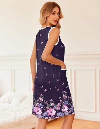 Image of Ekouaer Nightgowns for Women Button Down Sleep Shirts Tank Sleeveless Nightshirt Soft Sleepwear with Pockets