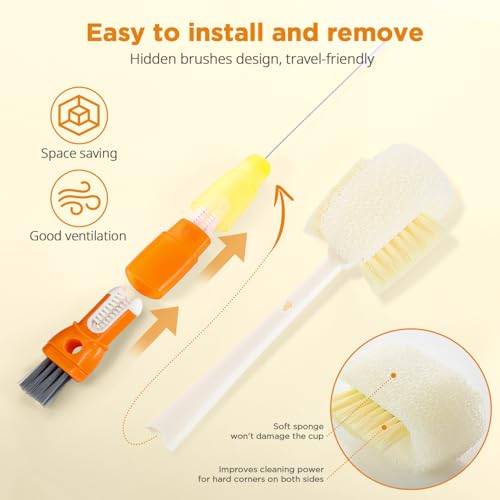 Image of OUTXE 6 Pack Bottle Brush Set, 5-in-1 Water Bottle Cleaner Brush, 14 inch Long Handle Bottle Cleaning Brush, 3 Straw Brush, Removable Nipple Detail Brush for Cup Lid Gap, with Replecement Sponge
