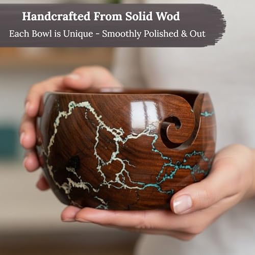 Image of Lichtenberg Figure Yarn Bowl - Handmade Wooden Yarn Bowl for Knitting Yarn Ball Holder - Yarn Bowls with Holes Crochet Bowl Holder - Yarn Storage Bowl 7 inch x 4 inch inches (Blue and White)