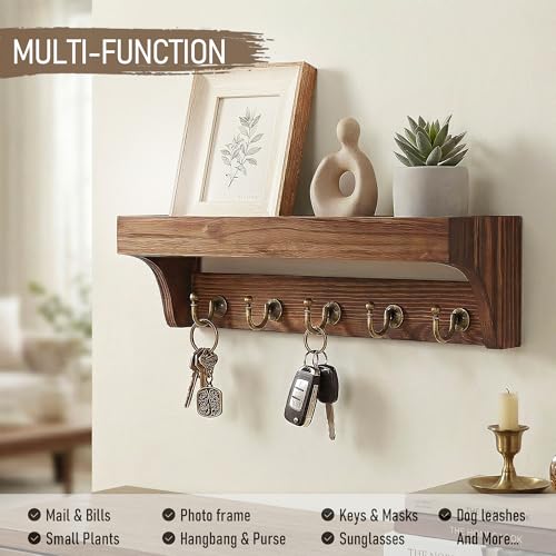 Image of Rebee Vision Pine Wood Key Holder Wall Mount - Multifunctional Key Holder for Wall with Hooks and Shelf for Mail, and Hats - Perfect for Home and Office Organization (Vintage Brown)