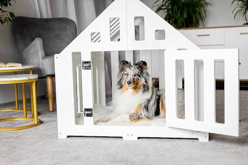 Pet World Design Hundehütte aus Holz, Hundekäfig Verschließbar, Tierhaus, Hundelaufstall, Hundehaus, Haustierbox, Hund, Katze, Indoor, Weiß