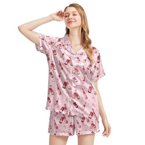 Image of Silk Satin Pajama Set for Women Summer Lounge Pjs Sets 2 Piece Suit Ladies Button Down Tops And Shorts Sleepwear