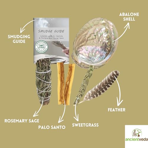 Ancient VEDA Organic Smudge Kit – Rosemary, Palo Santo, Sweetgrass, Abalone Shell, Feather & Smudge Guide | Smudging Kit for Home Energy Cleansing, Meditation, Healing (Healer's Kit, Rosemary Sage)