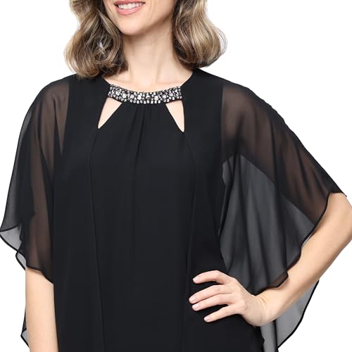 Image of S.L. Fashions Women's Capelet Cascade Sleeve Dress with Beaded Cutout Neckline, Special Occasion Dress