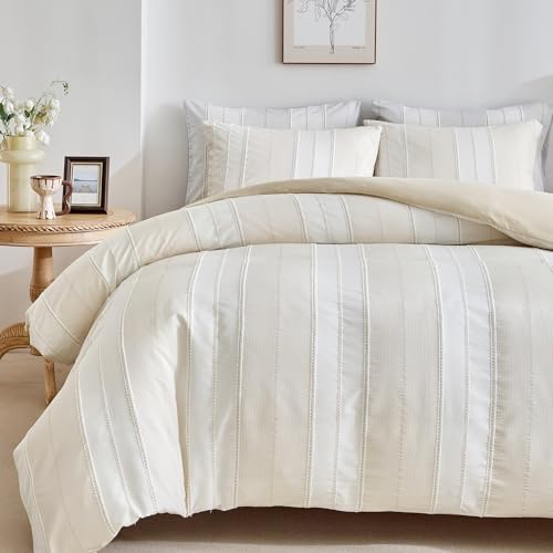 WARMDERN Khaki Striped Weave Duvet Cover King Size, White Knit