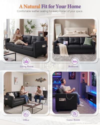 Image of TYBOATLE 88'' Black Faux Leather Couch with USB, 3-Seater | Faux Leather Sofa for Living Room, Mid-Century Modern, Tufted Design, Wider Arms, Side Pockets, Office, Apartment, Bedroom