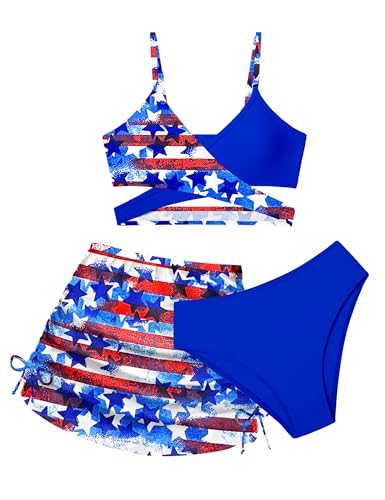 Image of Girls Swimsuits 3 Piece Bathing Suit Allover Printed Criss Cross Bikini Set with Cover Up Skirt Beach Swimwear 7-16 Years