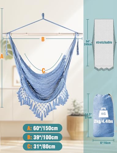 Image of Chihee Hammock Chair Handmade Woven Mesh Hanging Seat Metal Spreader Bar | Cotton Blended Rope Hanging Chair Ventilated Soft-Spun Large Stretch Hammock Swing, Elegant Macrame Indoor Outdoor Garden