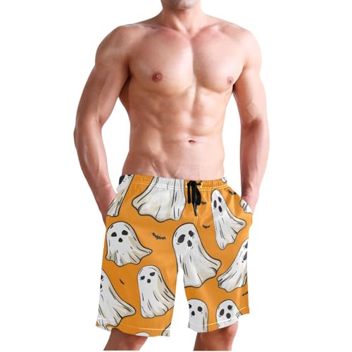 Men's Swim Trunks Quick Dry Swimming Shorts with Pocket Ghost Pattern on Orange Background Swimsuit Trunks3