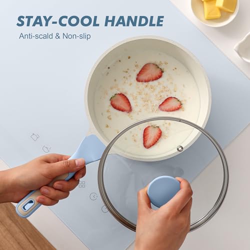 Image of SENSARTE Ceramic Nonstick Saucepan with Lid 2.0 Quarts, Small Cooking Pot with Stay Cool Handle, Induction Compatible, Ceramic Coating, Free of Intentionally Added PTFE /PFOA /PFAS, Glacier Blue