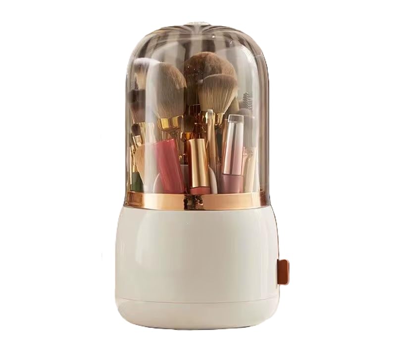 Organizador de Maquiagem Giratório Premium, com Tampa Protetora, Base Rotativa 360°, 7 Compartimentos, 13x13x23,7cm, Material PET e ABS (Branco)