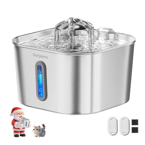 SARPAWS Cat Water Fountain Stainless Steel：74oz/2.2L Water Fountains for Cats Indoor, Cat Fountains for Drinking, Ultra-Quiet, Water Level Window, Pet Water Fountain - 2 Filters + 2 Sponges