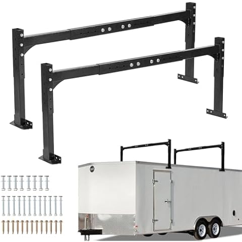 Carforu Adjustable Trailer Ladder Rack, 4.92FT to 6.2FT Carbon Steel Extendable Roof Ladder Rack for Open and Enclosed Trailer, 800LB Capacity, Black Cover