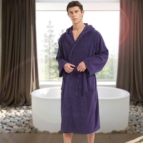 Image of Mens Robe with Hood-Classic Terry Cloth Bathrobe for Men,Soft Knee Length Bathrobes
