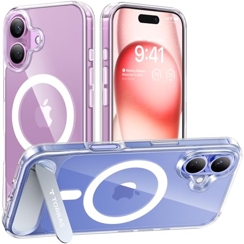 Image of TORRAS Strong Magnetic & Seamless Slim Case for iPhone 16, Military-Grade Drop Protection, Adjustable Kickstand, Clear