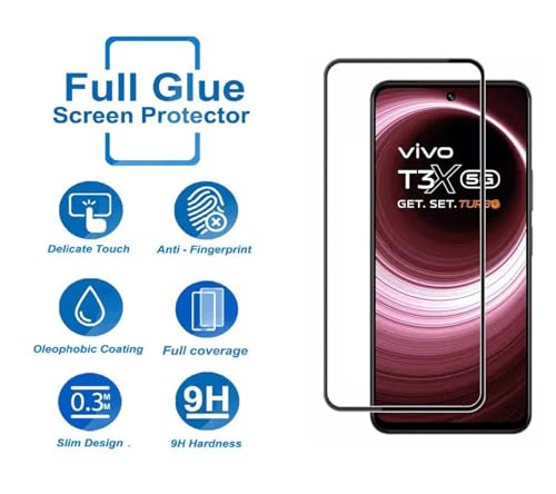 Image of Tempered Glass Screen Protector Compatible for Vivo T3X, iQOO Z9X 5G with Edge to Edge Coverage and Easy Installation Kit, Pack of 1, Black
