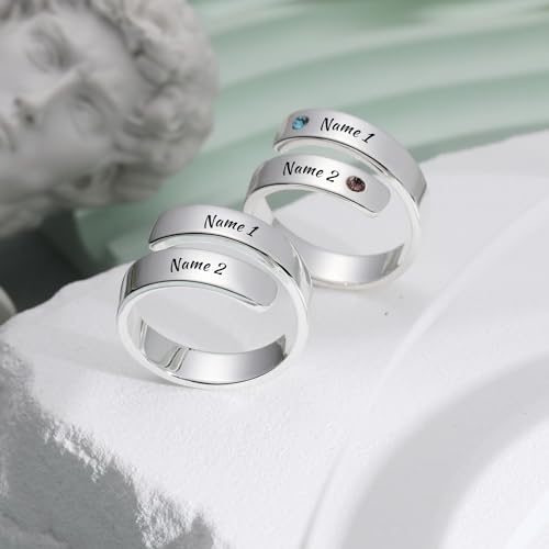 INBLUE Personalized 925 Sterling Silver Spiral Twist Ring for Women Customized Engraving Name/Date with Birthstones Adjustable Open Wrap Band Promise Ring Gift for Wedding Engagement4