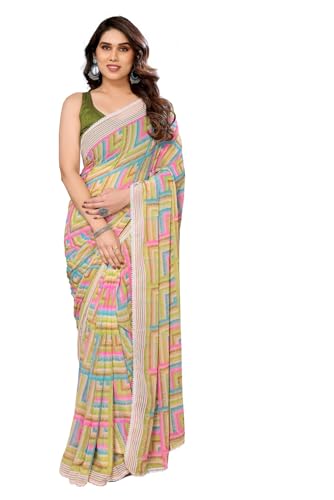 Image of ROOP SUNDARI SAREES Readymade Pleated Pre Drape Stitched Floral Printed Georgette Saree For Women's With Lace Border & Blouse(Ready To Wear One Minute)