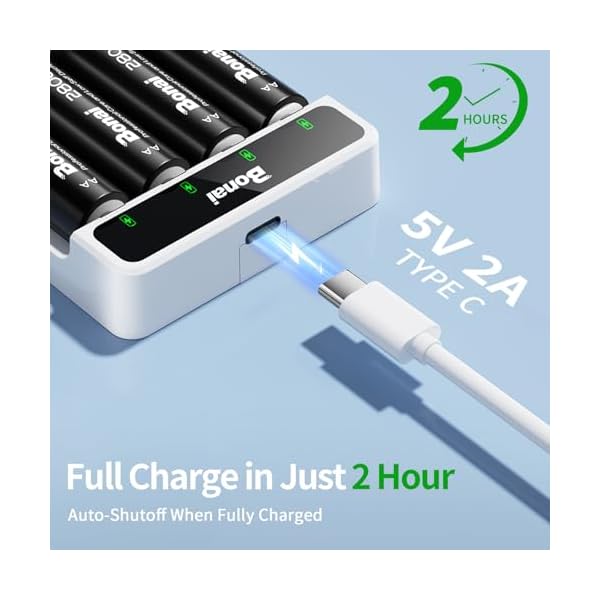BONAI Rechargeable Batteries with Smart Charger Kit: High Capacity Ni-MH Batteries with 4-Bay USB Fast Charging (Type-C Input, Low Self-Discharge) (4 Bay Charger) - Image 3