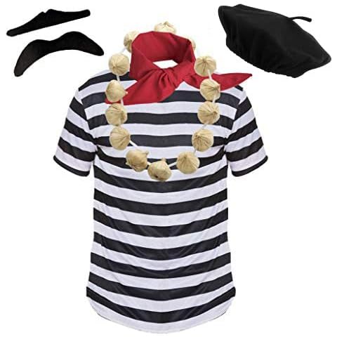 Paper Umbrella Adult FRENCH SET fancy dress costume Black White Striped Top RED NECKTIE + BLACK MOUSTACHE + GARLIC + BLACK BERET Stag party outfit Cover