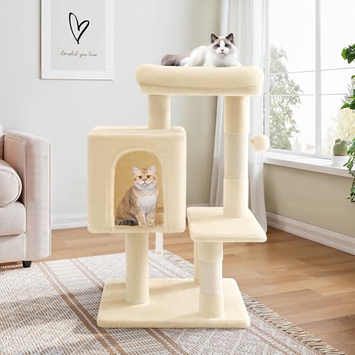 Allewie 29 Inches Cat Tree Tower/Plush Perches Platform/Condo/House/Sisal Scratching Posts/Multi-Level Activity Center Furniture for Kittens/Beige