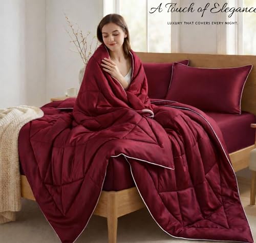 Image of SANMARINO Satin Silk Comforter Set for Double Bed - 300 TC Premium Satin Bedsheet with Pillow Covers, Luxury Complete Bedding Set, Soft Silky Finish, Bedroom Home Furnishing Gift Set - Wine Red Satin
