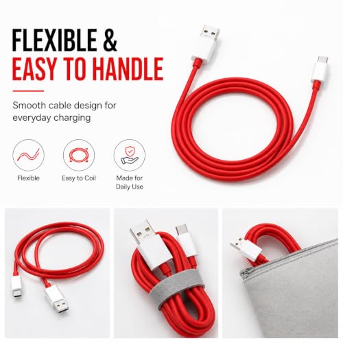 Image of Novobit 80W SUPERVOOC Fast Charging USB Type-C Cable, Compatible with OnePlus 13 /13R /12 /12R /11 /10 /10T /9 /9R /9RT /8 /8T /7T /7Pro, Nord 4 /3 /2 /2T /CE4 /CE3 /CE2Lite, 1m Red, 1Yr Warranty, 480Mbps Sync