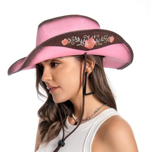 Image of Cowboy Hats for Women, Brown Cowgirl Hats Classic Straw Western Hats for Women Music Festival Party Beach.