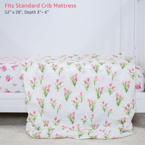 Image of LollyBanks Muslin Crib Sheet, 100% Cotton Fitted Crib Sheets for Girls | Soft all-season weave, snug elastic border for quick changes on 52 x 28 in standard mattresses (Tulip)