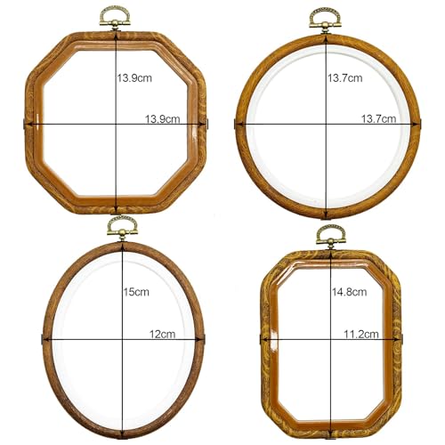 Image of 4 Sizes Imitated Wood Multiple Shapes Embroidery Hoop Set Plastic Circle Cross Stitch Hoop Rings for DIY Craft Sewing, Small Faux Wooden Embroidery Hoop Including 16pcs Gold Eye Sewing Needles