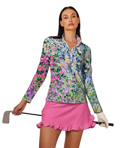 Women's Golf Polo Shirt Long Sleeve Sun Protection Top Paisley Fall Winter Ladies Golf Attire Clothes Blue-Floral