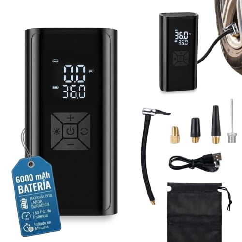 Hinchador Ruedas Coche Electrico Con Bateria 6000 Mah- Compresor Aire Portatil 150 Psi - Medidor Presion Neumaticos Para Coche, Bicicleta, Motocicleta Y Balones