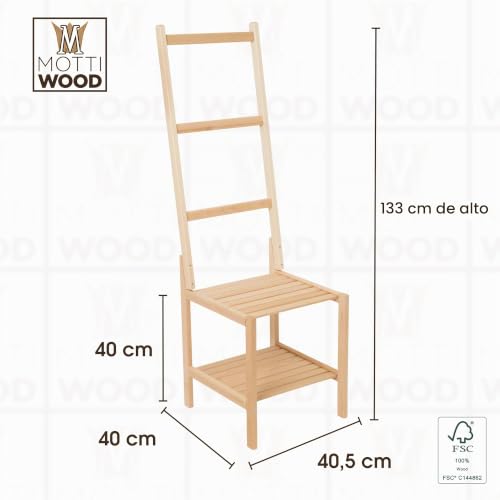 Miniatura 3 de Mottiwood Silla Toallero De Madera De Haya, 40 X 40,5 X 133 Cm De Altura, Para Colgar Toallas De Baño Y Dormitorio, Diseño De Hombre De Galón, Fabricado En Italia, Art.723
