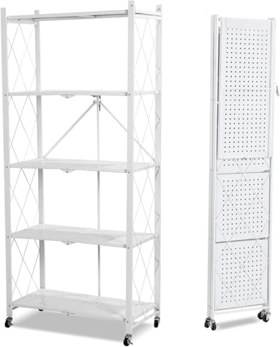 Kisigim スチールラック メタルラック 完成品 キャスター付き 幅70 3段 折り畳みラック ラック 収納ラック レンジ台 オープンラック 収納棚 キッチンラック コンパクト 移動便利 食器棚 防サビ加工 (ホワイト,5段)
