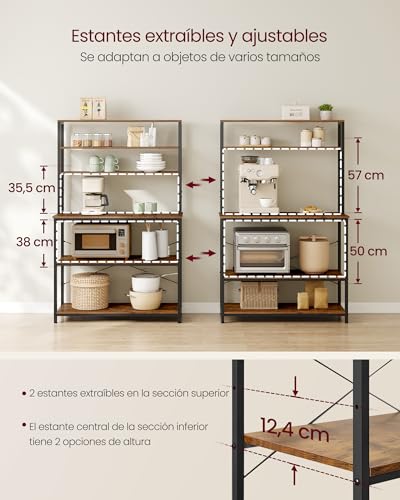VASAGLE Estantería de Cocina, Estantería de Panadería, 6 Estantes y 6 Ganchos, para Microondas, Marco de Acero, Industrial, 40 x 100 x 167 cm, Marrón Rústico y Negro Tinta KKS039K01 - imagen 3