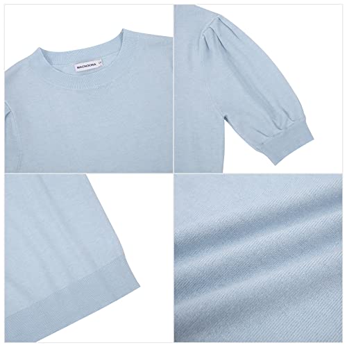 Image of Womens Puff Short Sleeve Sweater Tops Crewneck Basic Knit Pullover Lightweight Casual Sweaters
