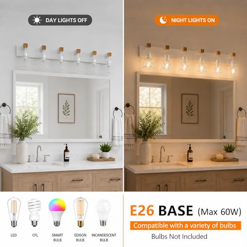 Image of Farmhouse Vanity Light Fixture,6-Light Bathroom Lighting,White Modern Wood Wall Light Over Mirror with Metal Shade,LED Bulbs Not Included