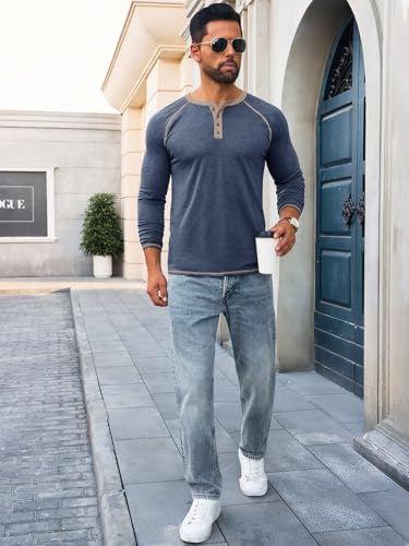 Yousify Mens Henley Shirts Long Sleeve Casual Basic T Shirts Button Vintage Lightweight Tee Tops4