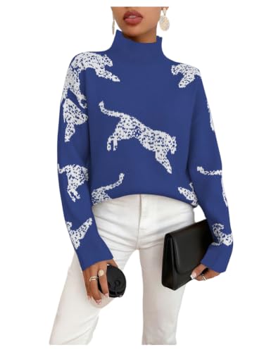 Image of WDIRARA Women's Leopard Tiger Print Sweater High Neck Long Sleeve Fuzzy Knitted Pullover Top