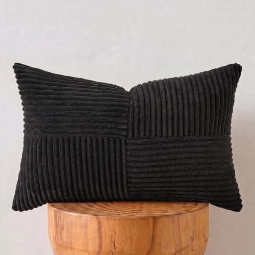 Image of Fancy Homi 2 Packs Black Lumbar Decorative Throw Pillow Covers 20x28 Inch for Living Room Couch Bed Sofa, Rustic Farmhouse Boho Home Decor, Soft Striped Corduroy Rectangle Accent Cushion Case 50x70 cm