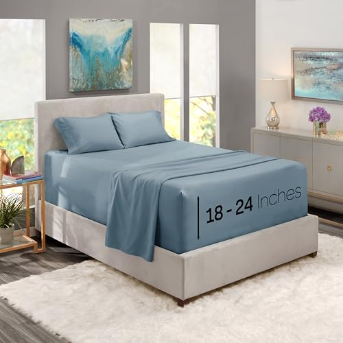 Image of Nestl California King Size Sheet Set, 4 Piece Extra Deep Pocket (18-24 inches), Microfiber, Hotel Luxury, Soft, Breathable, Wrinkle-Free, Easy to Care, Stone Blue