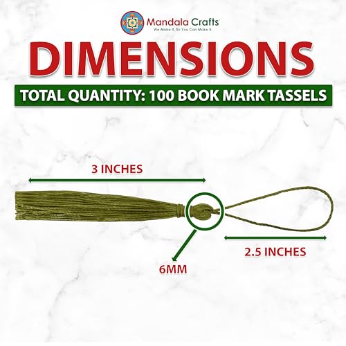 Image of Mandala Crafts Small Olive Green Bookmark Tassels - 100 Bulk Silky Mini Craft Tassels with Loops for Bookmarks, Jewelry Making, Graduation Decorations, and Keychains
