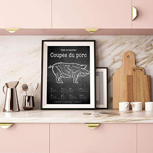 Tableaux Decoratifs,Affiches Art Mural Boucher Cochon Diagramme Graphique De Porc Affiches Et Impressions , Cuisine Décoration Murale Noir Blanc Tableau Style Mur Art Toile Peinture Décor 50X70CM Cover